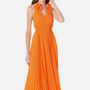 MILLY Tangerine Evie Pleated Rosette Halter Tie Open Back Orange Maxi Dress